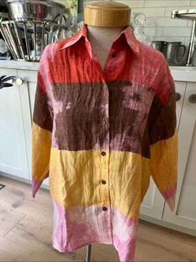 Verse Colorblock Button-Front 88% linen Shirt in watery Red, Brown, Yellow, Pink